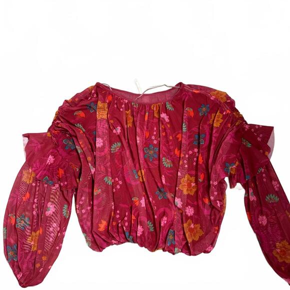 Free People Red Wildflower Honey Floral Ruffle Mesh Lined Blouse Top- Size XS - Picture 2 of 8